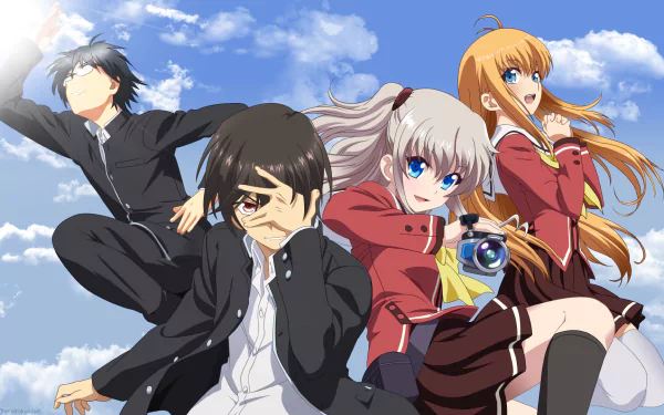 Anime characters Joujirou Takajou, Yū Otosaka, Yusa Nishimori, and Nao Tomori from *Charlotte* pose dramatically against a bright blue sky in this HD desktop wallpaper.