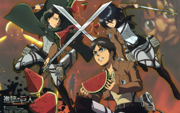 4K Ultra HD Attack on Titan wallpaper featuring Eren Yeager, Mikasa Ackerman, and Levi Ackerman poised with swords and watermelons in dynamic anime style.