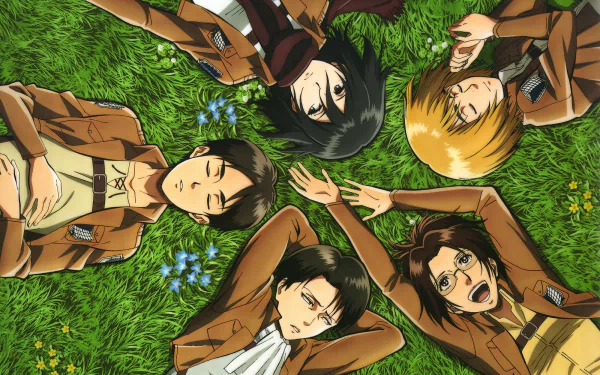A vibrant HD wallpaper featuring Hange Zoë, Eren Yeager, Levi Ackerman, Armin Arlert, and Mikasa Ackerman from the anime Attack on Titan, lounging on a grassy field.