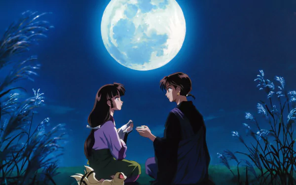 A serene scene from InuYasha featuring two characters gazing at a full moon, surrounded by tall grass. This vibrant image serves as a captivating 4K Ultra HD desktop wallpaper.