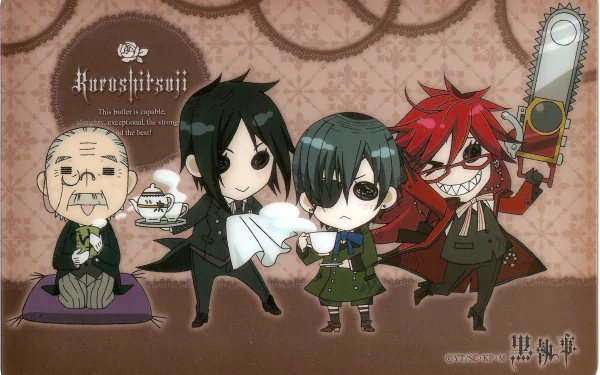Anime-style Black Butler characters in chibi form, featuring a butler, a young boy, and two distinct companions, set against a patterned background for HD PC desktop wallpaper.