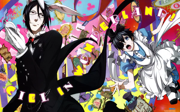 4K Ultra HD Anime wallpaper featuring Black Butler characters Ciel and Sebastian in vibrant, dynamic Wonderland-themed attire and colorful background elements.