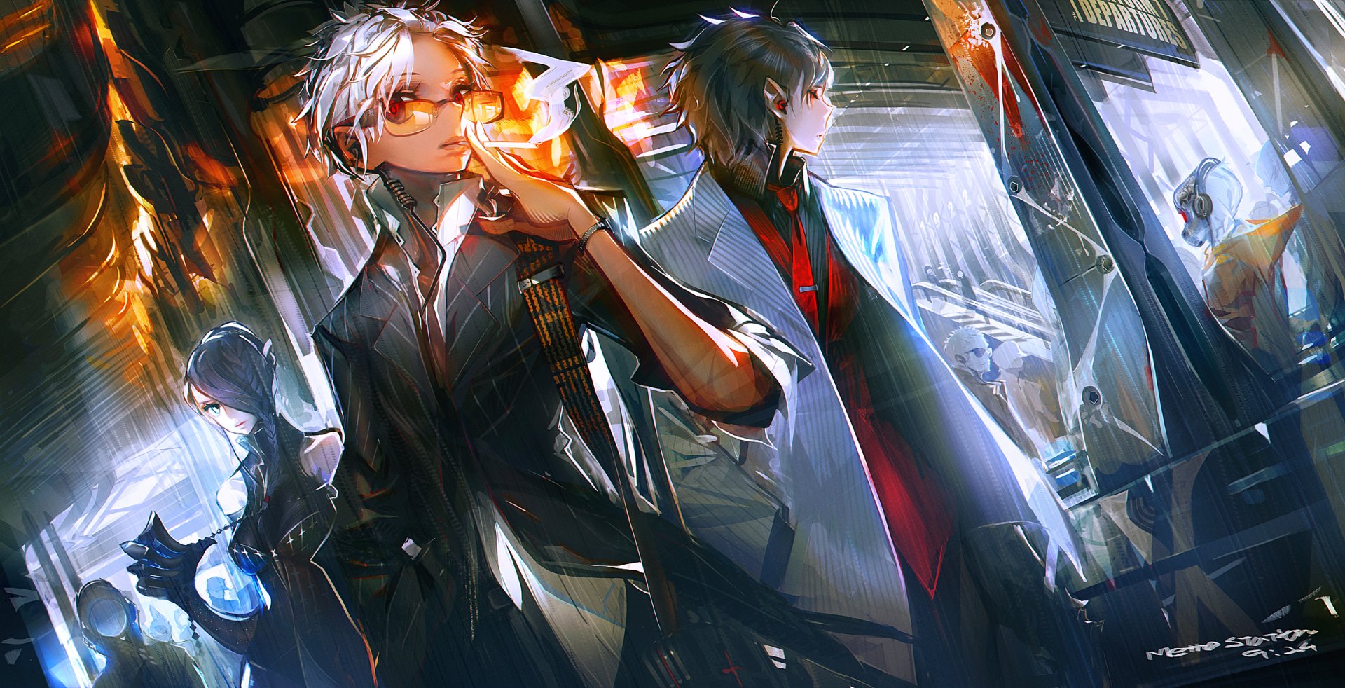 HD anime original artwork featuring two stylish characters in a dynamic, futuristic urban scene, designed as a vivid PC desktop wallpaper and background.