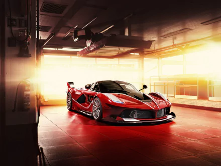 A striking red Ferrari FXX K supercar in a sunlit garage, showcased in vivid 4K Ultra HD as a PC desktop wallpaper and background.