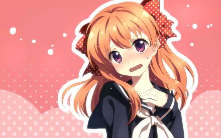 Chiyo Sakura from the anime *Monthly Girls' Nozaki-kun* features an expressive pose with vibrant orange hair and a polka-dotted ribbon, set against a soft pink background.