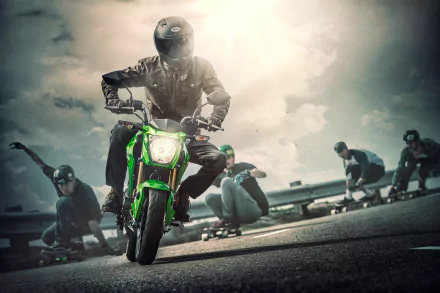 HD PC desktop wallpaper featuring a rider on a Kawasaki Z125 Pro motorcycle, captured in motion with a dynamic, cloudy sky backdrop.
