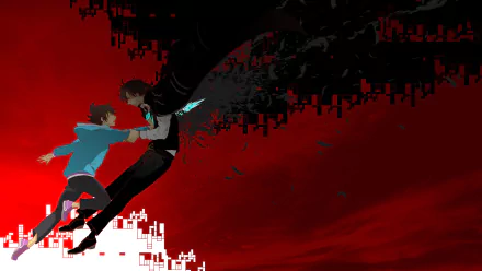 Sōichirō Mikuni and Kimimaro Yoga from the anime The Money of Soul and Possibility Control featured in a dynamic, HD desktop wallpaper with a striking red background.