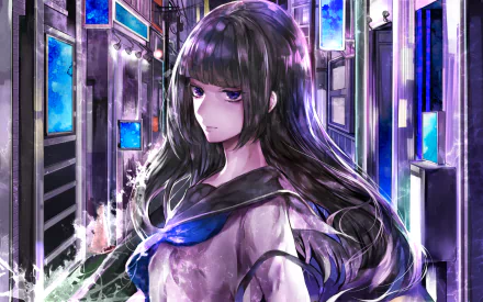 Anime original HD PC desktop wallpaper: a long-haired purple-eyed young woman in a sailor uniform stands in a neon-lit corridor with glowing blue panels and ethereal painterly lighting.