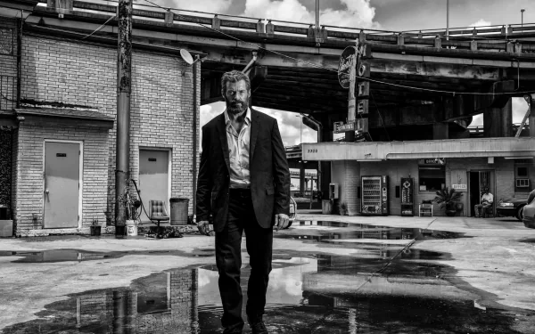 Black & white HD wallpaper featuring Hugh Jackman as Logan (Wolverine) from the movie Logan, walking through an industrial setting with reflections in puddles on the ground.