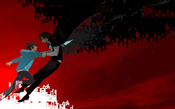 Sōichirō Mikuni and Kimimaro Yoga from the anime The Money of Soul and Possibility Control featured in a dynamic, HD desktop wallpaper with a striking red background.