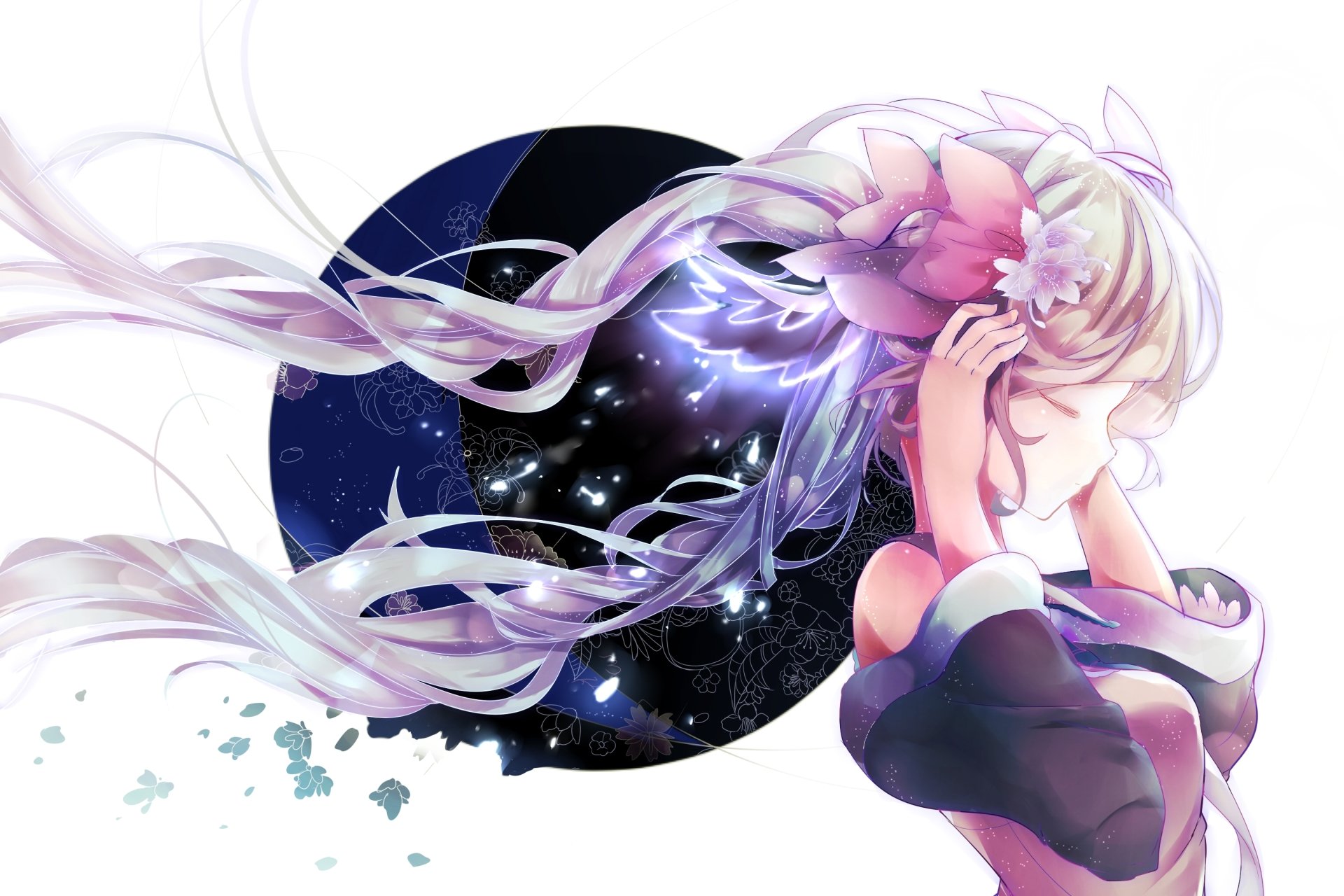 A beautiful HD desktop wallpaper featuring Yuzuki Yukari from the Vocaloid series, showcasing her with flowing hair against a cosmic background filled with stars and soft colors.