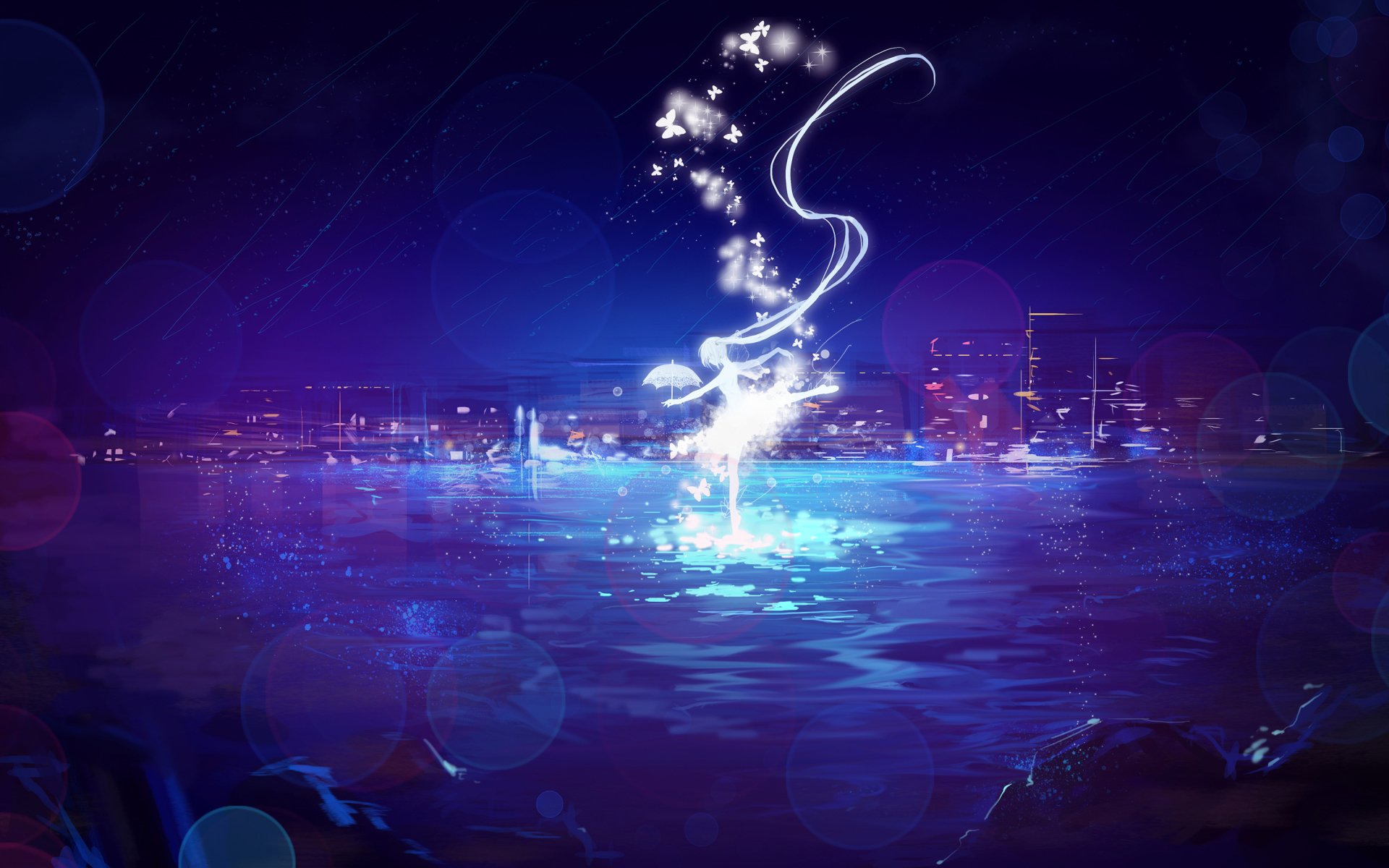 A glowing, ethereal figure of Hatsune Miku rises from shimmering water against a futuristic cityscape, captured in vibrant anime-style for an HD Vocaloid desktop wallpaper.