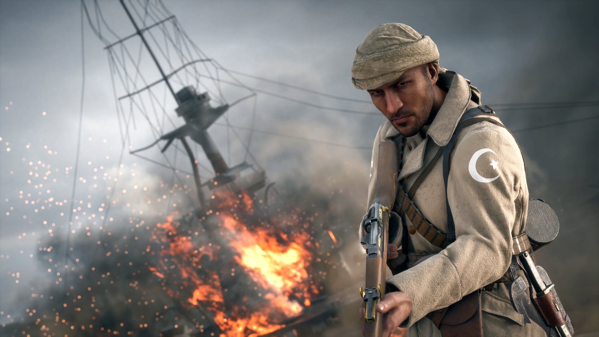 4K Ultra HD Battlefield 1 wallpaper showing a soldier in World War I gear amidst a fiery battle scene with smoke and a damaged ship in the background.