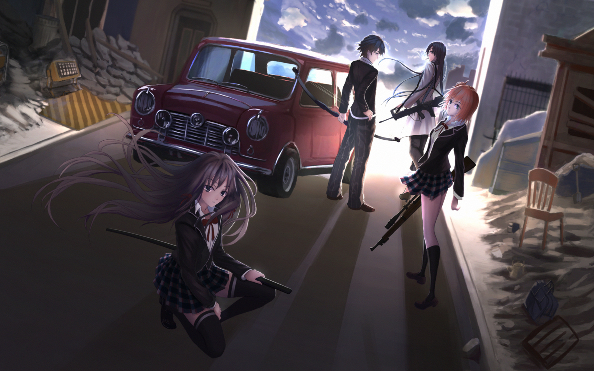 HD anime wallpaper from My Teen Romantic Comedy SNAFU depicting four characters with weapons in an abandoned, dimly lit garage setting.