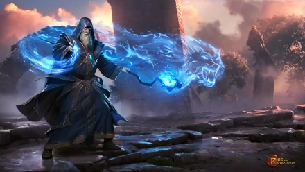 A wizard in a blue robe conjures magic, accompanied by a glowing wolf, set against an ancient ruin backdrop. This HD wallpaper from Rise Of The Overlords captures a mystical scene.