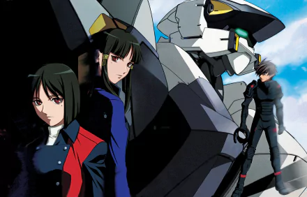 HD PC desktop wallpaper of Full Metal Panic! anime: a towering mecha under a blue sky with a suited pilot standing beside it and two women pictured in the foreground.