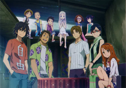 A vibrant HD desktop wallpaper featuring characters from the anime Anohana, showcasing a group of friends gathered in a nostalgic setting, blending humor and heartfelt moments.