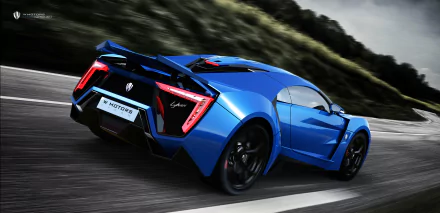 A blue Lykan HyperSport speeding on a road, captured in 4K Ultra HD, designed as a PC desktop wallpaper showcasing its sleek, futuristic design.