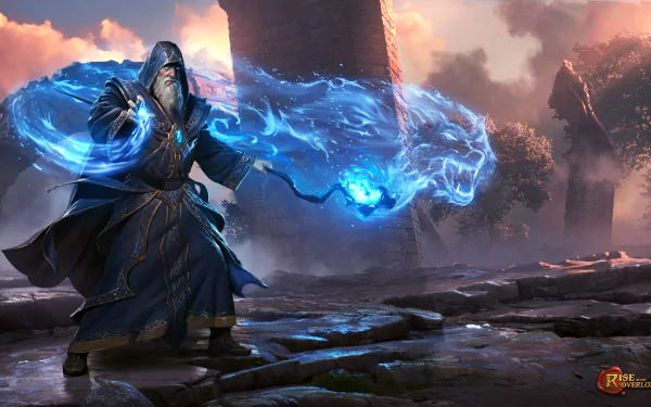 A wizard in a blue robe conjures magic, accompanied by a glowing wolf, set against an ancient ruin backdrop. This HD wallpaper from Rise Of The Overlords captures a mystical scene.
