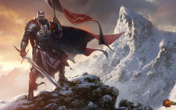 A armored knight wielding a sword and holding a red flag stands on a rocky peak with snow and mountains in the background, from the video game Rise Of The Overlords.