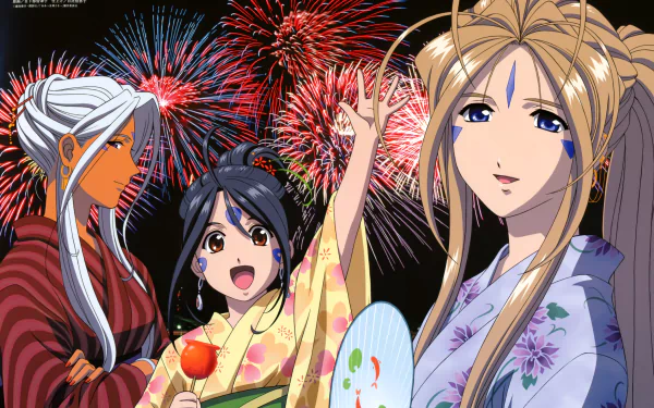 Anime wallpaper of Belldandy, Urd, and Skuld from Ah! My Goddess wearing colorful kimonos with vibrant fireworks lighting up the night sky in 4K Ultra HD quality.