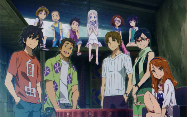 A vibrant HD desktop wallpaper featuring characters from the anime Anohana, showcasing a group of friends gathered in a nostalgic setting, blending humor and heartfelt moments.