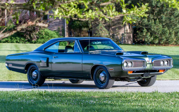 Dark green Dodge Coronet RT Hemi hardtop coupe parked on a suburban street — HD PC desktop wallpaper and background.