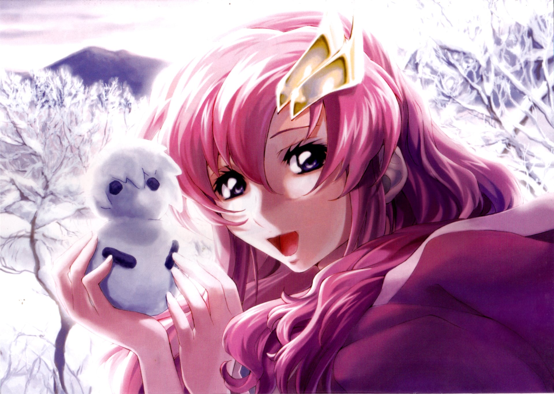 Lacus Clyne (Mobile Suit Gundam Seed Destiny) in a snowy scene, pink hair and crown, smiling while holding a small snowman — 2K Quad HD PC desktop anime wallpaper