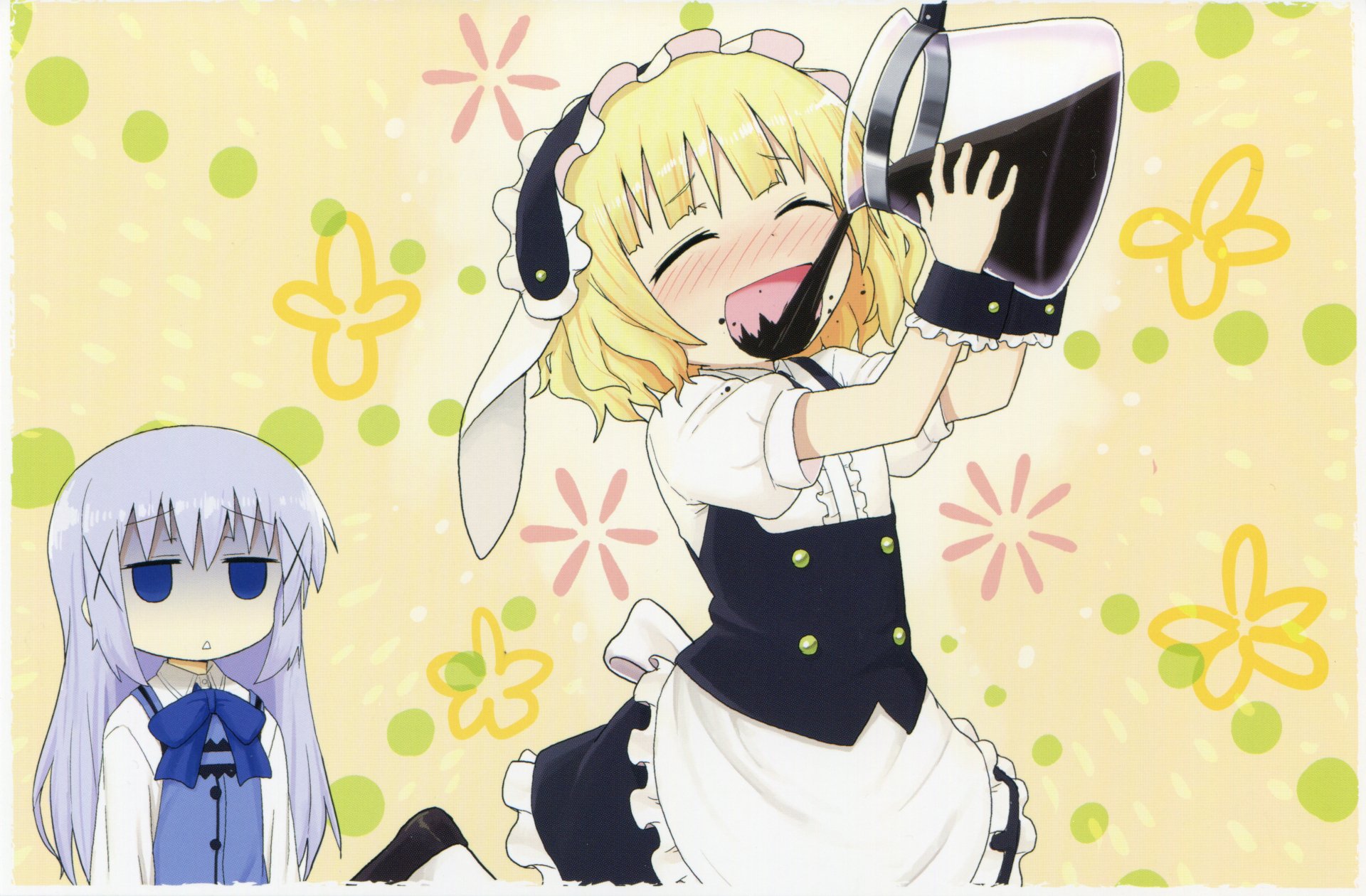 Anime-style 4K Ultra HD desktop wallpaper from Is the Order a Rabbit, featuring a cheerful blonde girl in a maid outfit and a smaller girl with pale blue hair against a floral background.