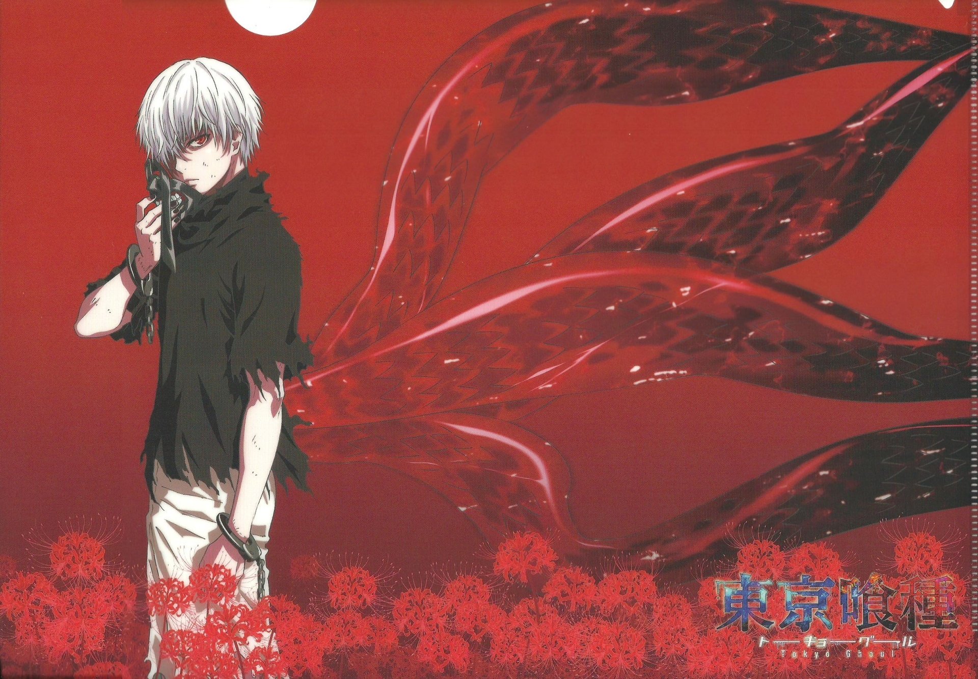 Ken Kaneki from Tokyo Ghoul stands against a striking red background, with his signature white hair and dark attire, embodying the essence of this popular anime series.