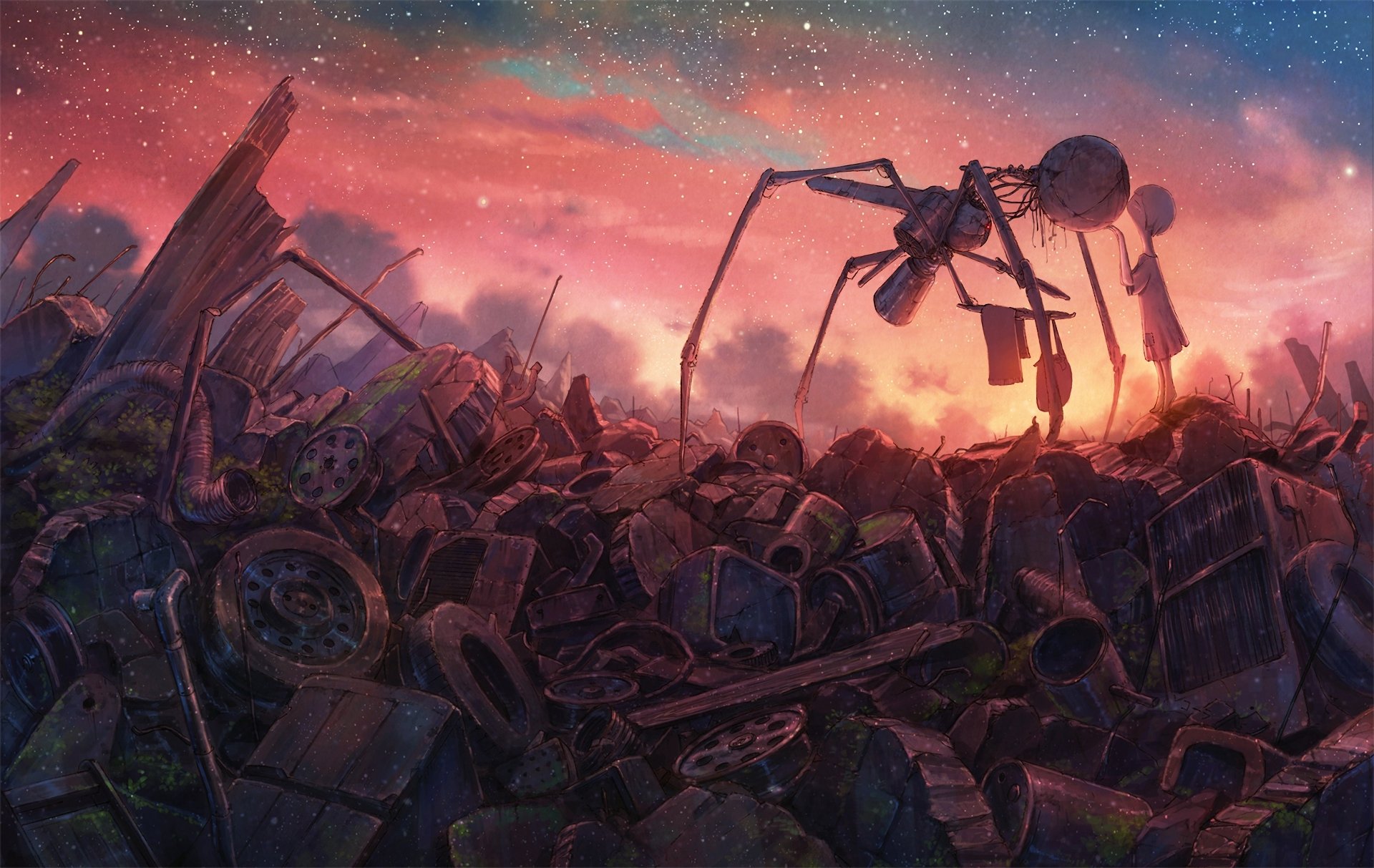 HD anime-style desktop wallpaper featuring an original robot with long legs navigating a vast, colorful junkyard under a dramatic sunset sky.