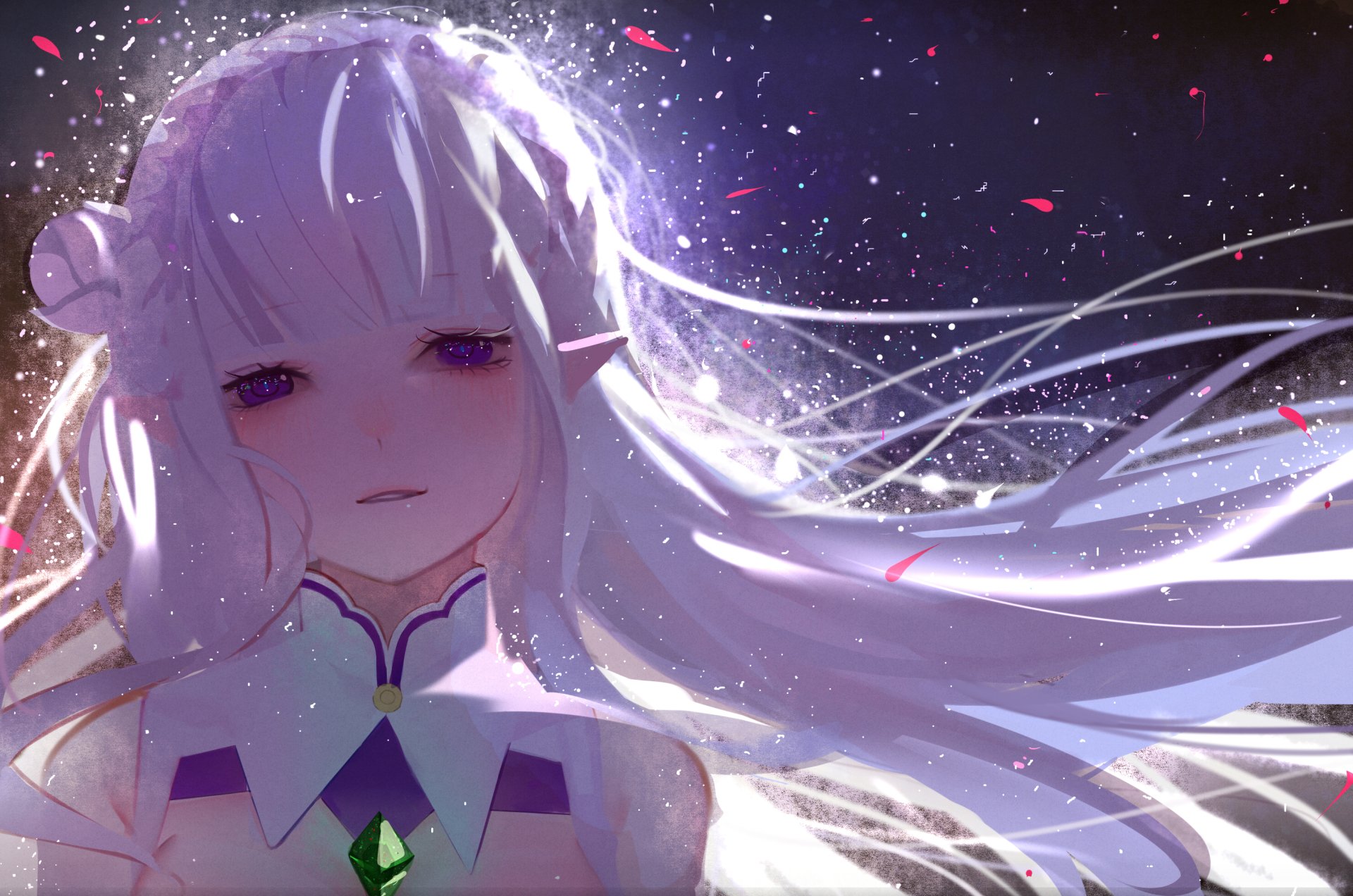 A high-definition wallpaper featuring Emilia from *Re:ZERO - Starting Life in Another World*, with her long, flowing hair and a dreamy expression set against a magical background.