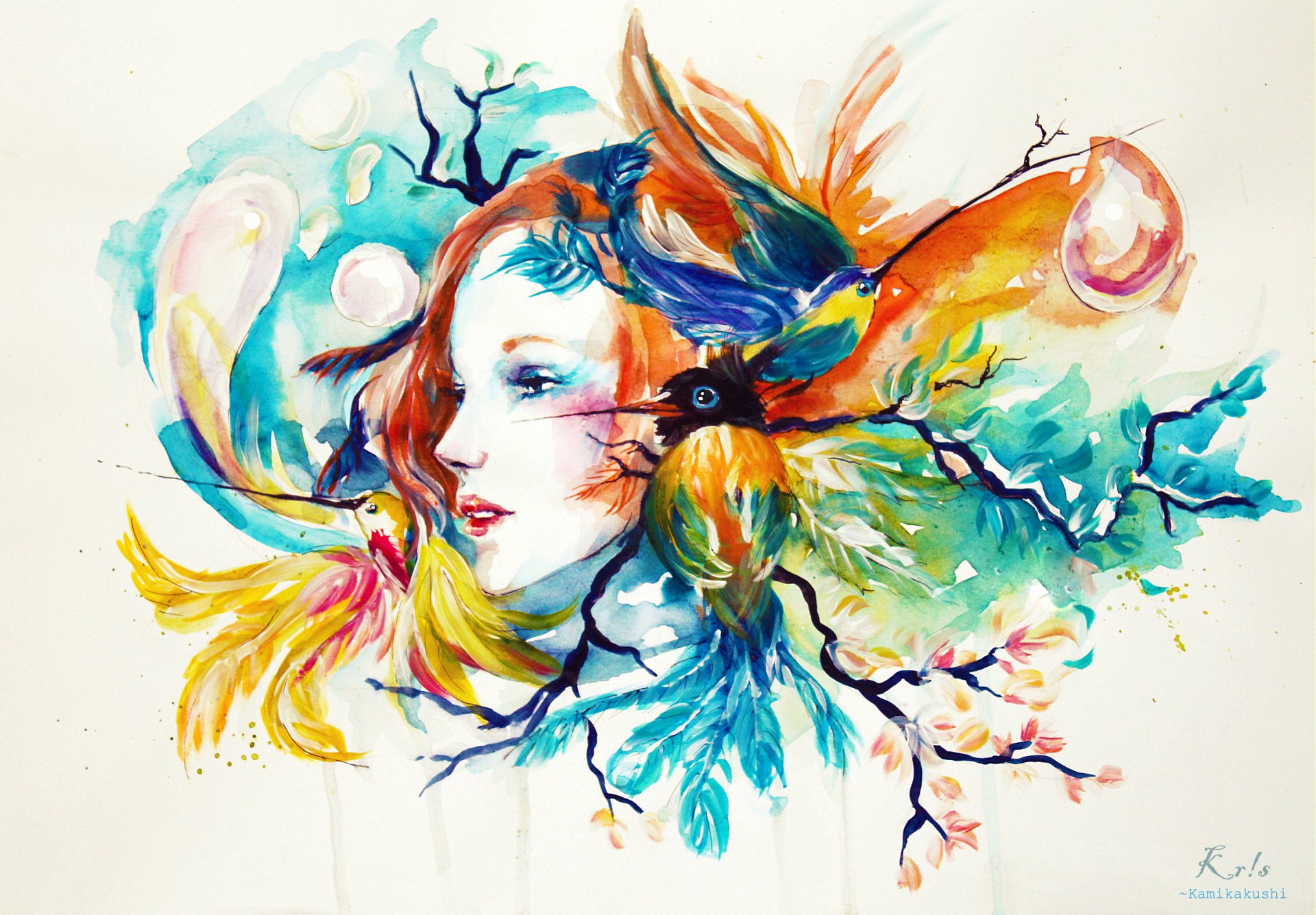 Download Colorful Colors Bird Woman Artistic HD Wallpaper by Kristina