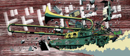 Vibrant anime-inspired artwork featuring a tank with a large trumpet, set against a dynamic background of debris, suitable as an HD PC desktop wallpaper and background.