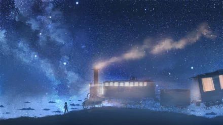 A mesmerizing starry sky illuminates a steam locomotive as it emits gentle smoke, creating a tranquil night scene in this stunning 4K Ultra HD anime desktop wallpaper.