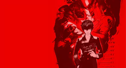 Persona 5 video game HD PC desktop wallpaper and background: Joker in a black coat stands before a bold red backdrop with looming Persona silhouettes and stylized graphic accents.