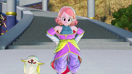 A colorful HD wallpaper from the video game Dragon Ball Xenoverse 2, featuring a character with pink hair and a small creature standing in a vibrant environment.