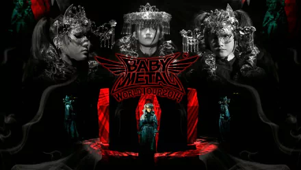 HD desktop wallpaper featuring Japanese metal idol group Babymetal in ornate, heavy metal-inspired costumes with dark, dramatic lighting and bold red text.