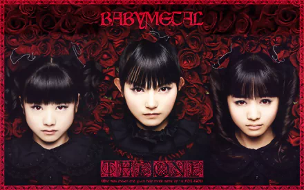 HD desktop wallpaper featuring the Japanese metal idol group Babymetal, set against a dark red floral background with heavy metal and oriental influences.