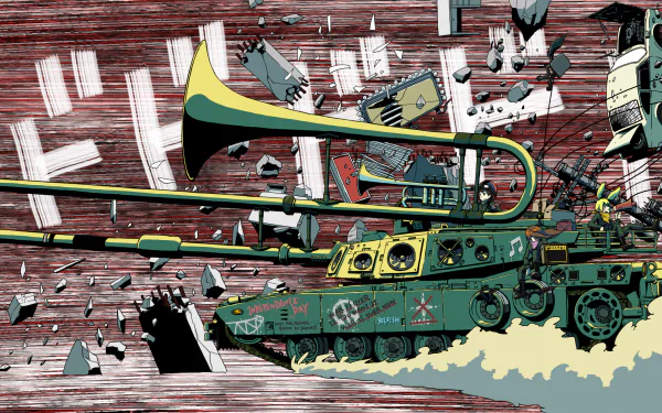 Vibrant anime-inspired artwork featuring a tank with a large trumpet, set against a dynamic background of debris, suitable as an HD PC desktop wallpaper and background.