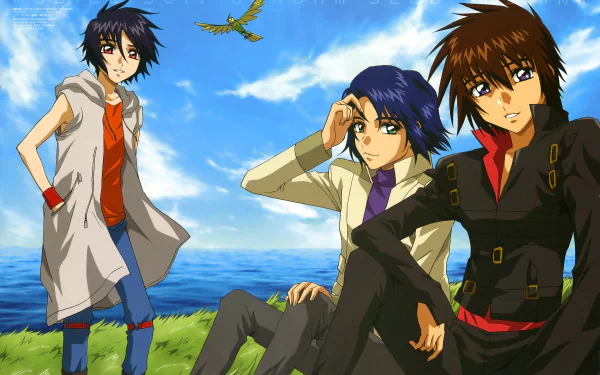 Anime 5K Ultra HD PC desktop wallpaper and background: three Mobile Suit Gundam Seed Destiny characters on a grassy seaside cliff under a bright blue sky, a bird soaring above.
