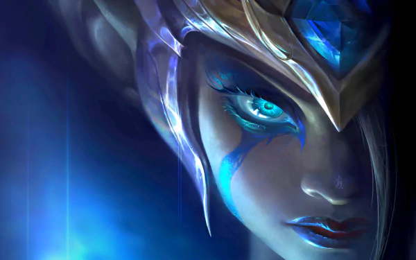 A captivating HD wallpaper featuring Morgana from League of Legends, showcasing her striking blue eyes and fantasy elements against a mystical blue background.