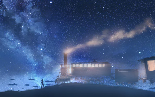 A mesmerizing starry sky illuminates a steam locomotive as it emits gentle smoke, creating a tranquil night scene in this stunning 4K Ultra HD anime desktop wallpaper.