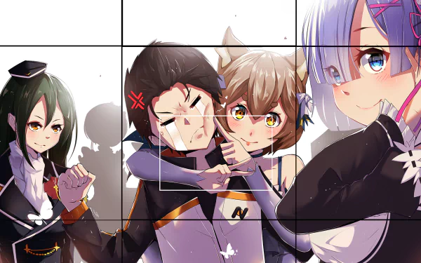 A vibrant HD wallpaper featuring Felix Argyle, Rem, Subaru Natsuki, and Crusch Karsten from the anime Re:Zero - Starting Life in Another World, showcasing a playful and dynamic scene.