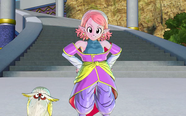 A colorful HD wallpaper from the video game Dragon Ball Xenoverse 2, featuring a character with pink hair and a small creature standing in a vibrant environment.