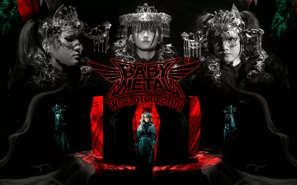 HD desktop wallpaper featuring Japanese metal idol group Babymetal in ornate, heavy metal-inspired costumes with dark, dramatic lighting and bold red text.