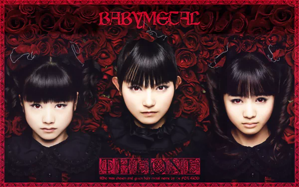 HD desktop wallpaper featuring the Japanese metal idol group Babymetal, set against a dark red floral background with heavy metal and oriental influences.