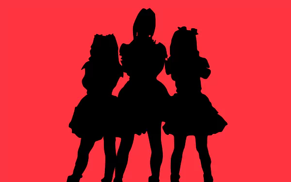 Silhouettes of three Japanese metal idols from Babymetal stand against a vibrant red background in this HD heavy metal music-themed desktop wallpaper.
