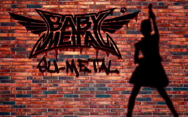 HD PC wallpaper featuring a Japanese Babymetal logo on a brick wall with the silhouette of an Asian heavy metal idol raising one arm.
