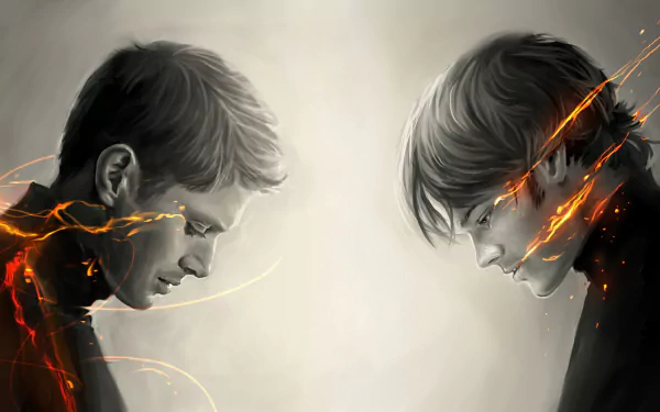 A striking HD wallpaper featuring Sam and Dean Winchester from *Supernatural*, showcasing their intense expressions and dynamic energy with vibrant, swirling effects.